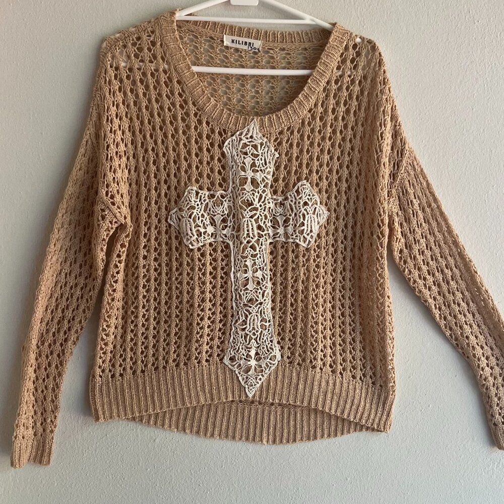 Beige oversized crochet style sweater with offwhite cross applique